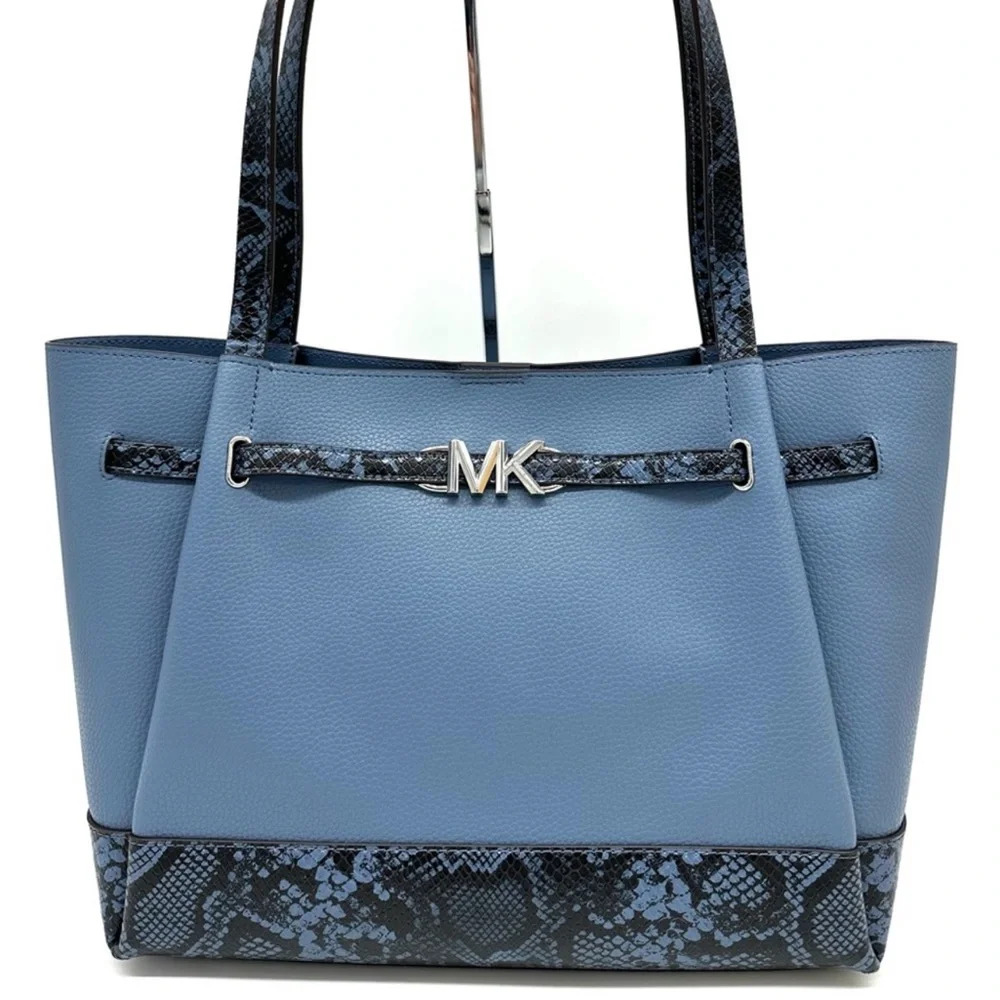 Michael Kors Reed Large Tote Bag Denim Snakeskin Blue